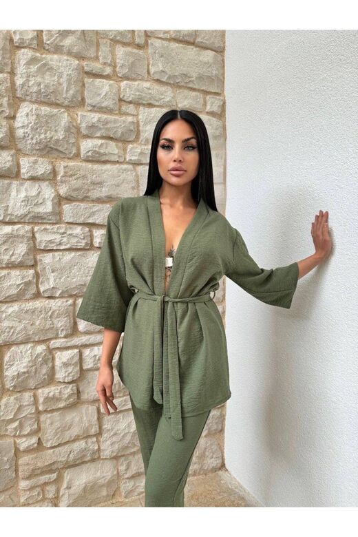 Kimono Bambu Keten Gömlekli Pantolunlu Takım