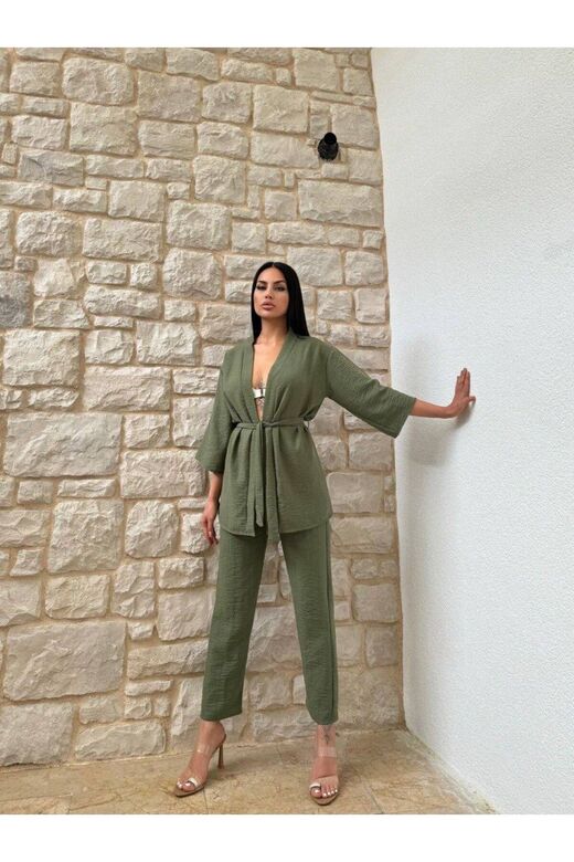 Kimono Bambu Keten Gömlekli Pantolunlu Takım