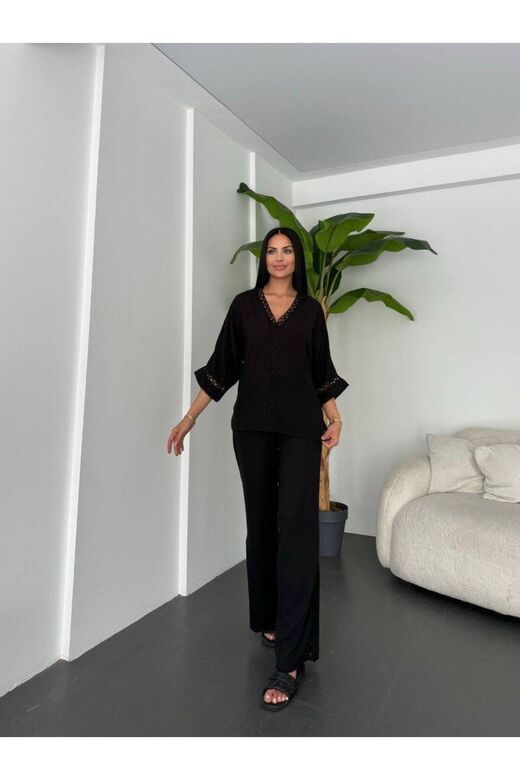 Dantelli Pantolunlu Keten Takım