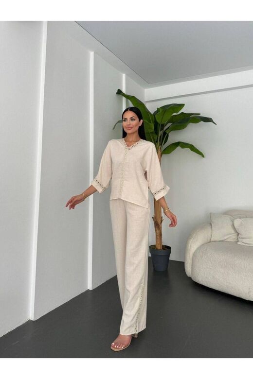 Dantelli Pantolunlu Keten Takım