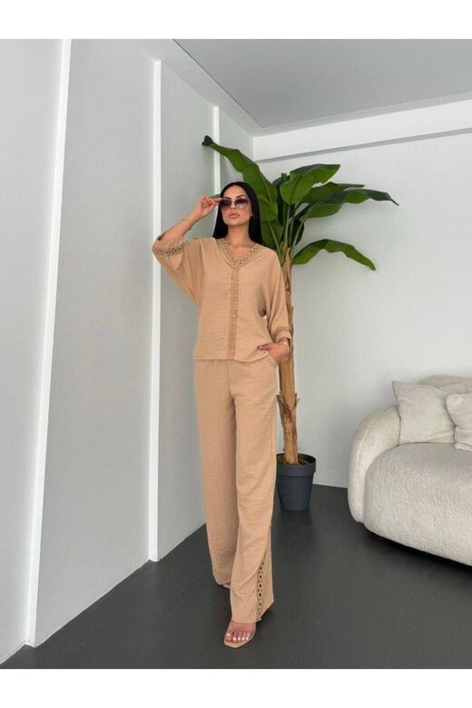 Dantelli Pantolunlu Keten Takım