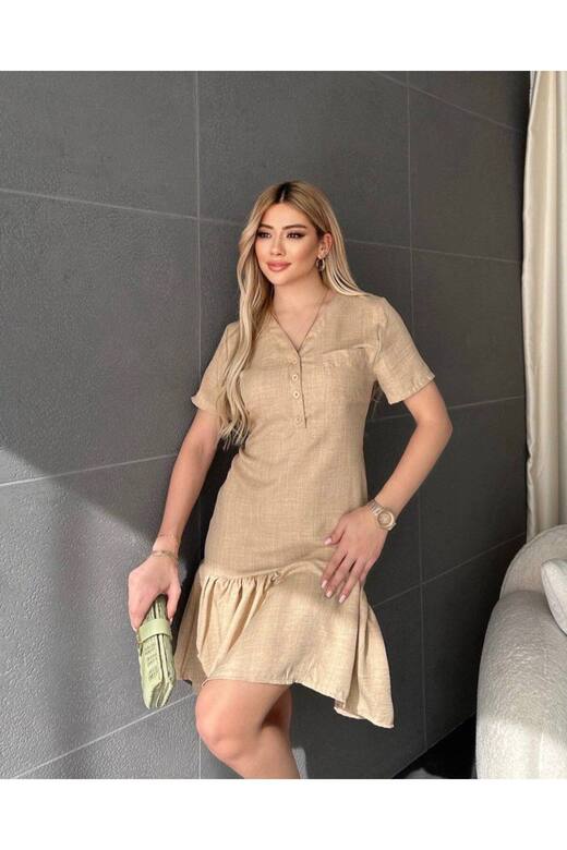 KADIN KETEN DÜĞMELİ ELBİSE