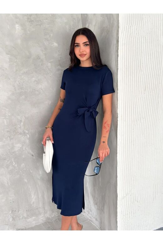 Yumuşak Doku Fiyonk Detaylı Modal Kumaş Midi Elbise