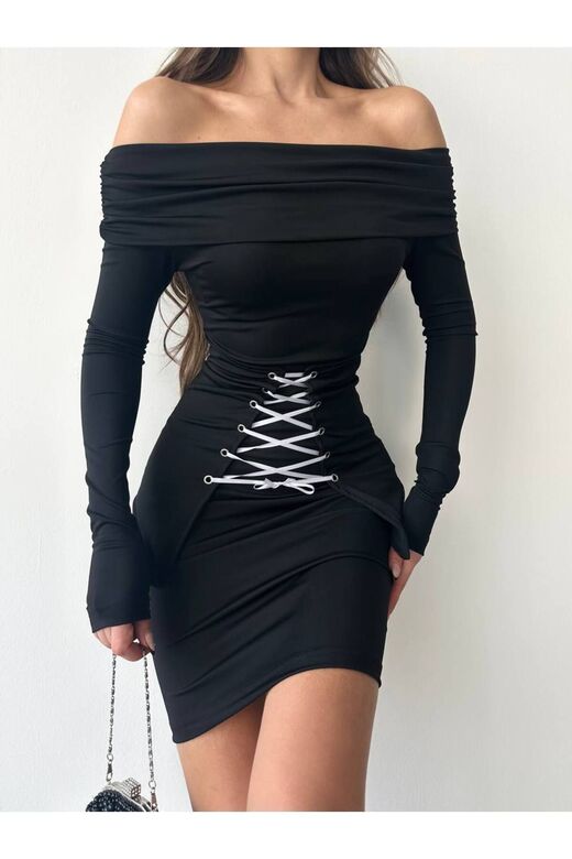 Korse Detaylı Siyah Mini Elbise