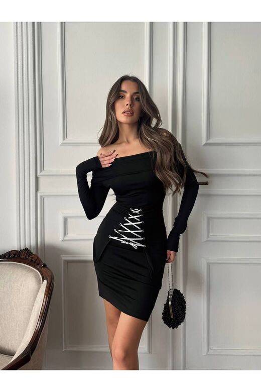 Korse Detaylı Siyah Mini Elbise