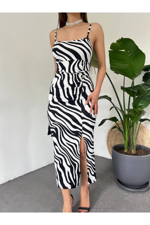 Zebra Desen Yırtmaçlı Elbise