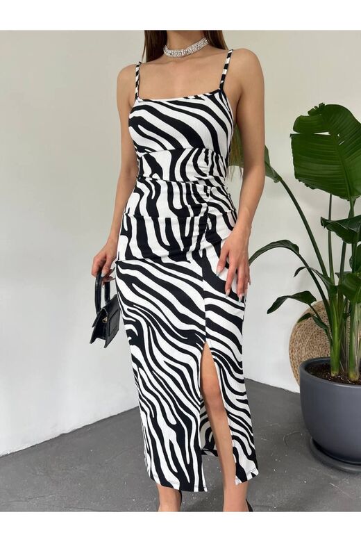 Zebra Desen Yırtmaçlı Elbise