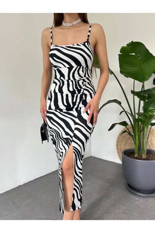 Zebra Desen Yırtmaçlı Elbise