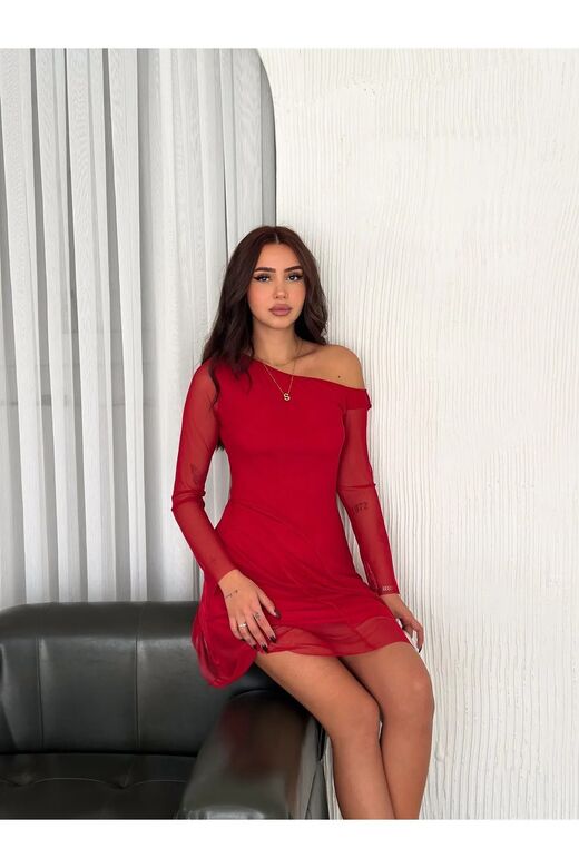 Tül Detaylı Asimetrik Mini Elbise