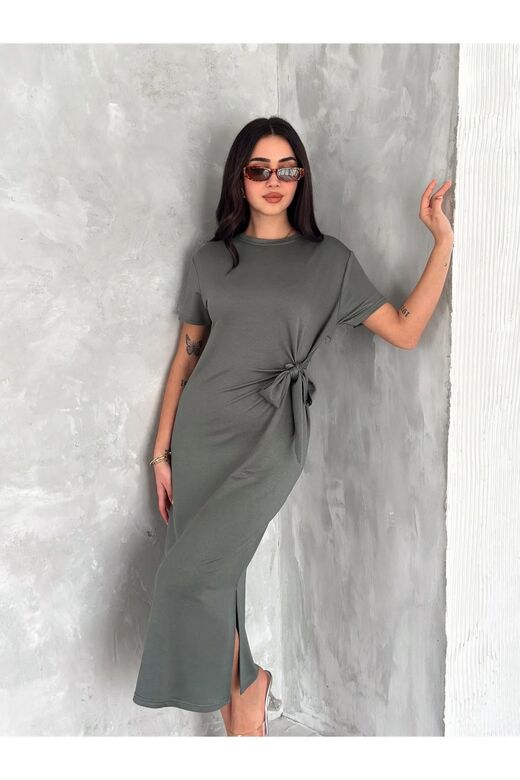 Yumuşak Doku Fiyonk Detaylı Modal Kumaş Midi Elbise