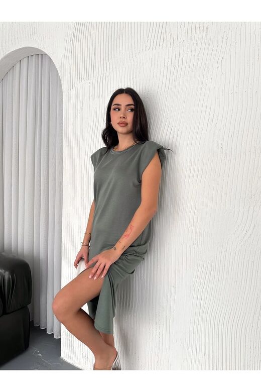 Yumuşak Doku Yırtmaçlı Vatkalı Modal Kumaş Midi Elbise Doku