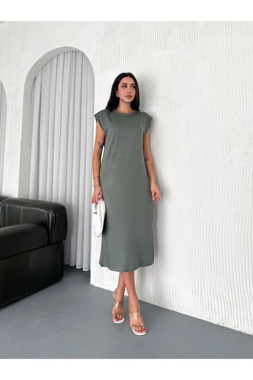 Yumuşak Doku Yırtmaçlı Vatkalı Modal Kumaş Midi Elbise Doku