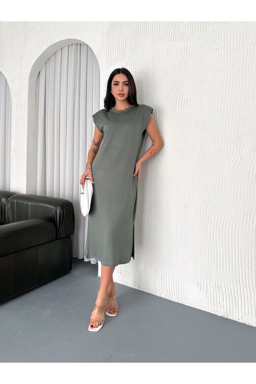 Yumuşak Doku Yırtmaçlı Vatkalı Modal Kumaş Midi Elbise Doku