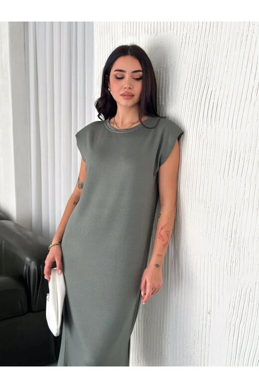 Yumuşak Doku Yırtmaçlı Vatkalı Modal Kumaş Midi Elbise Doku