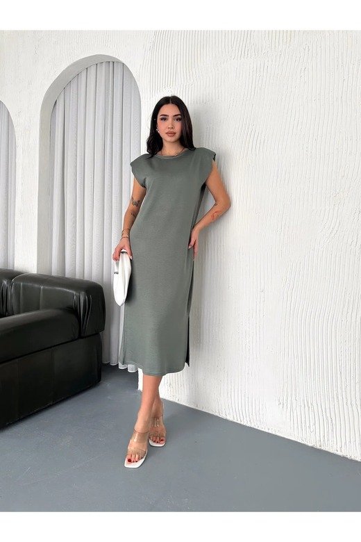 YUMUŞAK DOKU YIRTMAÇLI VATKALI MODAL KUMAŞ MİDİ ELBİSE Doku