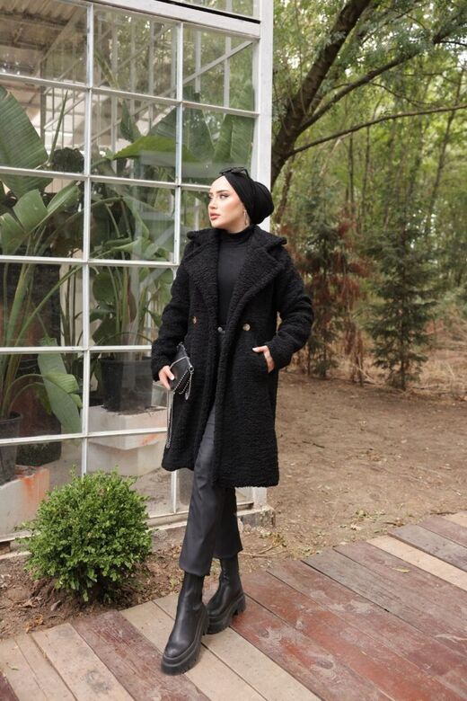 Cepli Kruvaze Yaka Düğmeli   Peluş Mont
