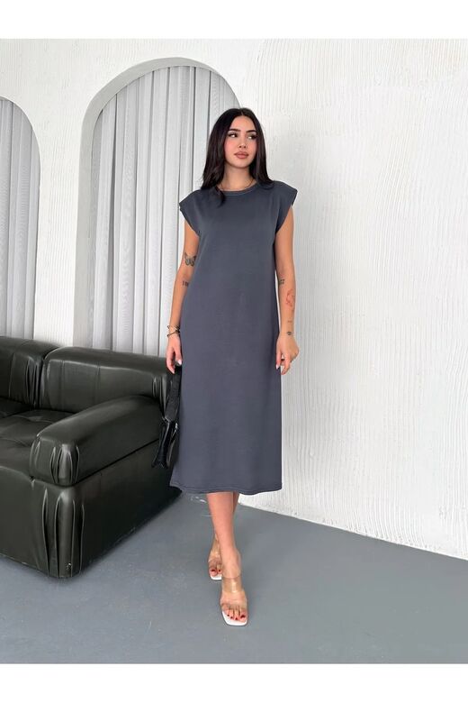 Yumuşak Doku Yırtmaçlı Vatkalı Modal Kumaş Midi Elbise Doku