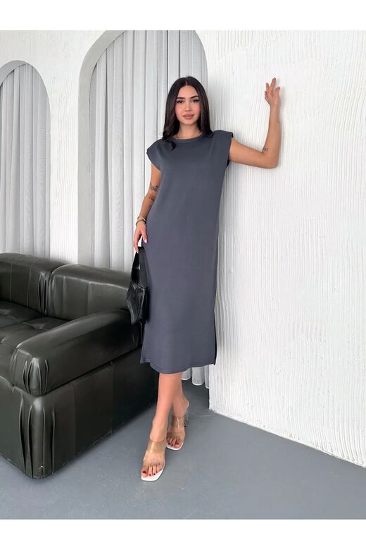 Yumuşak Doku Yırtmaçlı Vatkalı Modal Kumaş Midi Elbise Doku