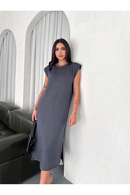 Yumuşak Doku Yırtmaçlı Vatkalı Modal Kumaş Midi Elbise Doku