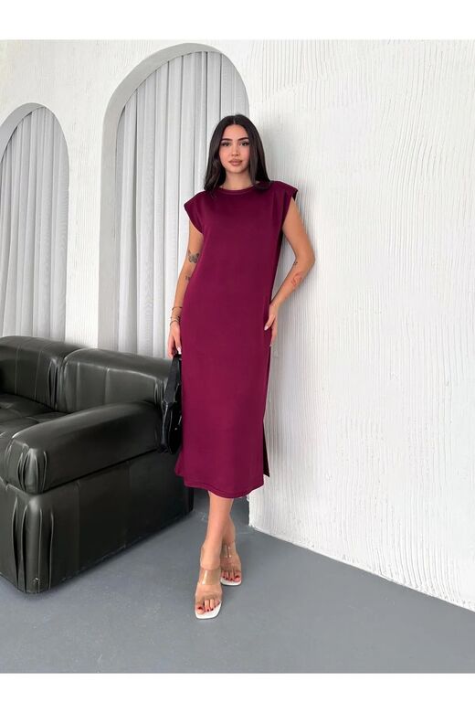 Yumuşak Doku Yırtmaçlı Vatkalı Modal Kumaş Midi Elbise Doku