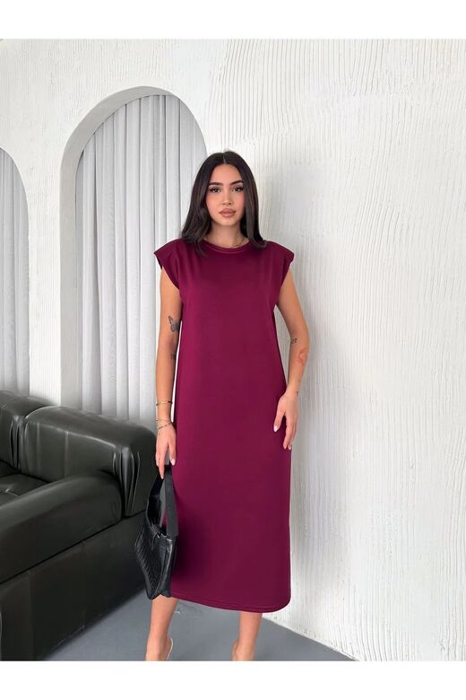 Yumuşak Doku Yırtmaçlı Vatkalı Modal Kumaş Midi Elbise Doku