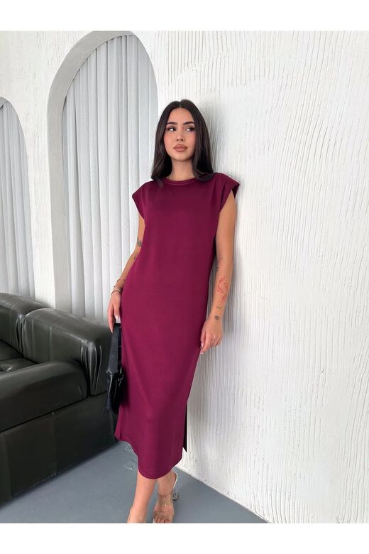 Yumuşak Doku Yırtmaçlı Vatkalı Modal Kumaş Midi Elbise Doku