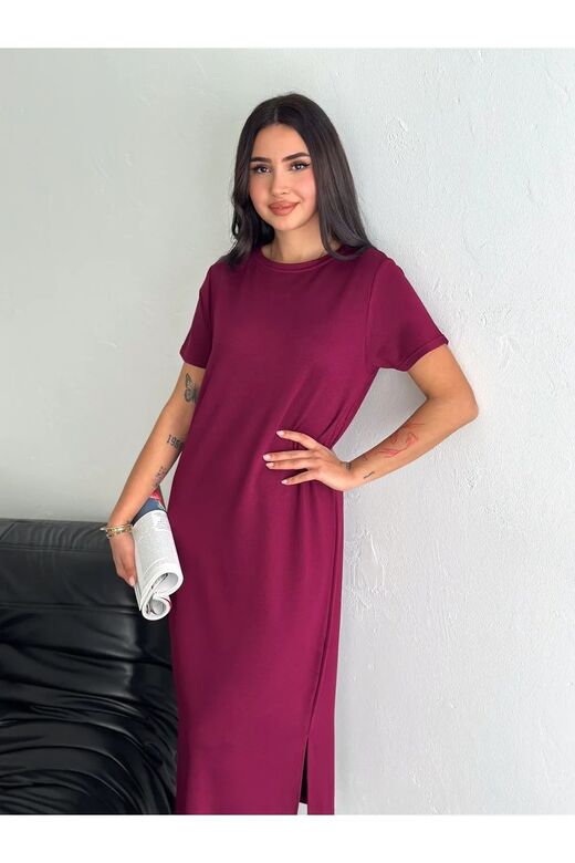 Yumuşak Doku Yırtmaçlı Modal Kumaş Midi Elbise