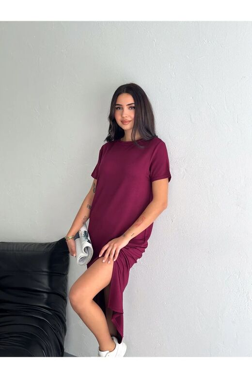 Yumuşak Doku Yırtmaçlı Modal Kumaş Midi Elbise