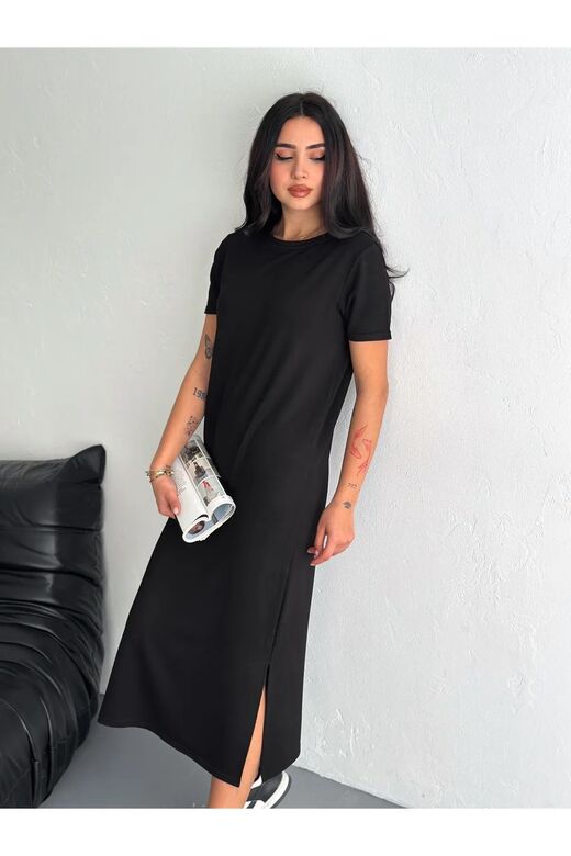 Yumuşak Doku Yırtmaçlı Modal Kumaş Midi Elbise