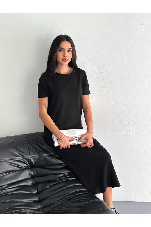 Yumuşak Doku Yırtmaçlı Modal Kumaş Midi Elbise