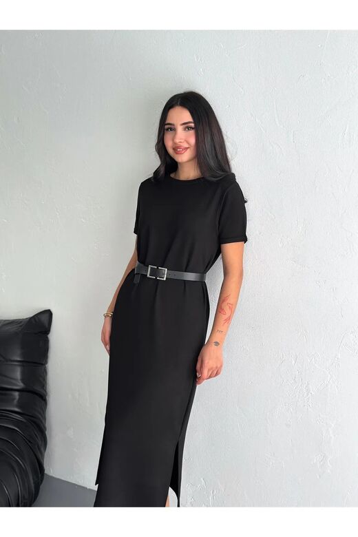 Yumuşak Doku Yırtmaçlı Modal Kumaş Midi Elbise