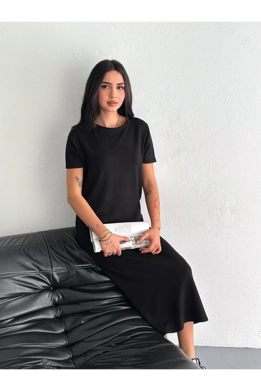 YUMUŞAK DOKU YIRTMAÇLI MODAL KUMAŞ MİDİ ELBİSE