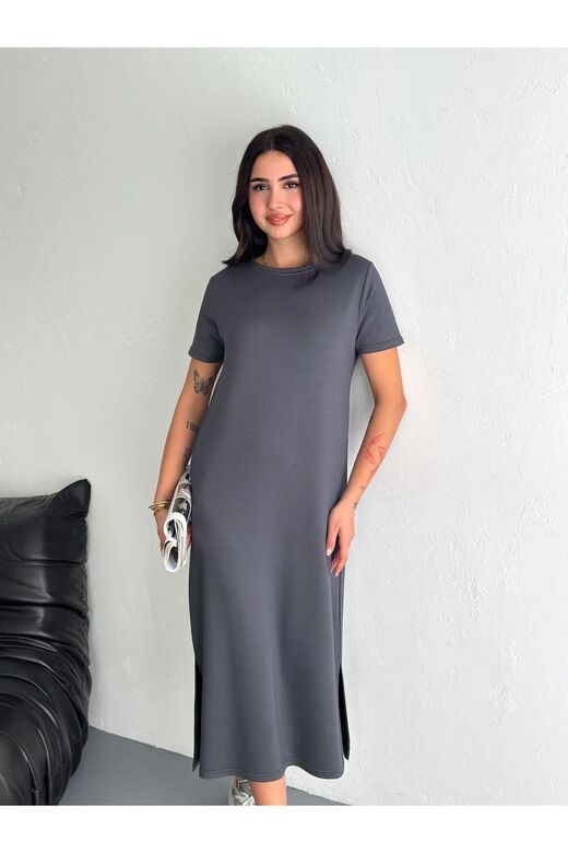 Yumuşak Doku Yırtmaçlı Modal Kumaş Midi Elbise