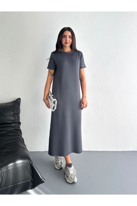 Yumuşak Doku Yırtmaçlı Modal Kumaş Midi Elbise