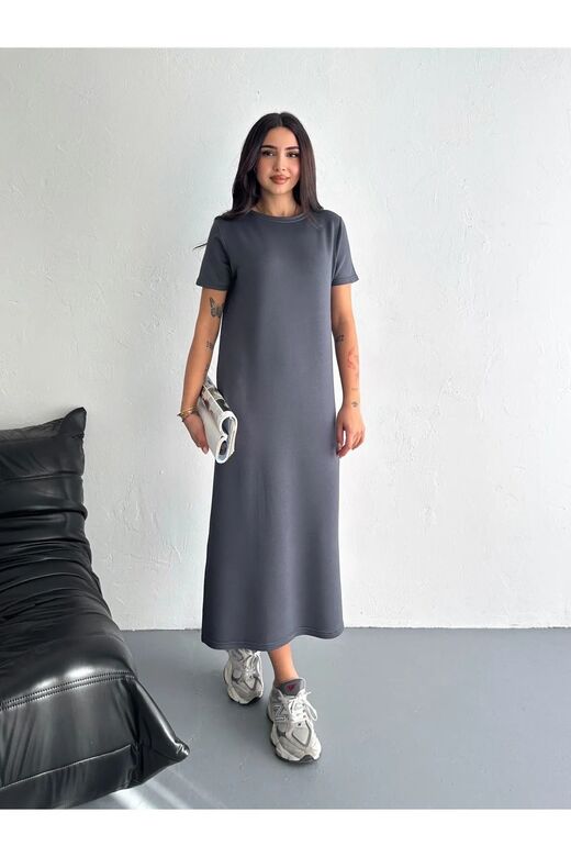 Yumuşak Doku Yırtmaçlı Modal Kumaş Midi Elbise