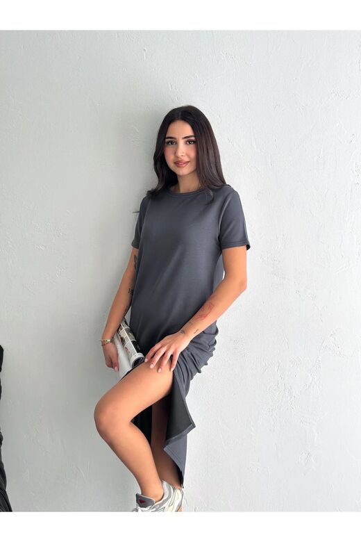 Yumuşak Doku Yırtmaçlı Modal Kumaş Midi Elbise