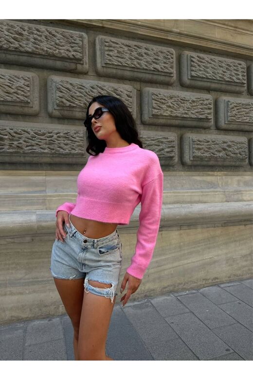 Bisiklet Yaka Şardonlu  Triko Crop Kazak