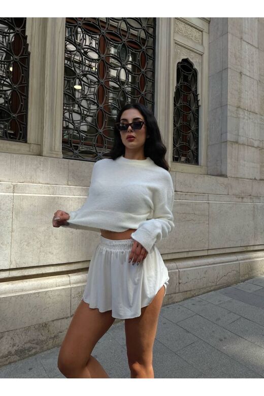 Bisiklet Yaka Şardonlu  Triko Crop Kazak