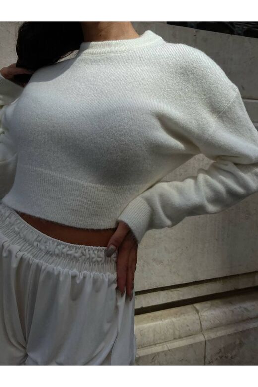 Bisiklet Yaka Şardonlu  Triko Crop Kazak