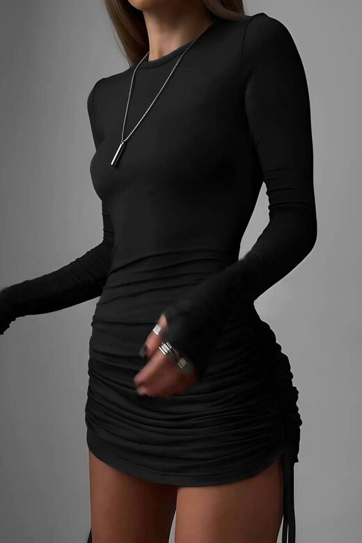 Uzun Kollu Büzgü Detaylı Bodycon Mini Elbise