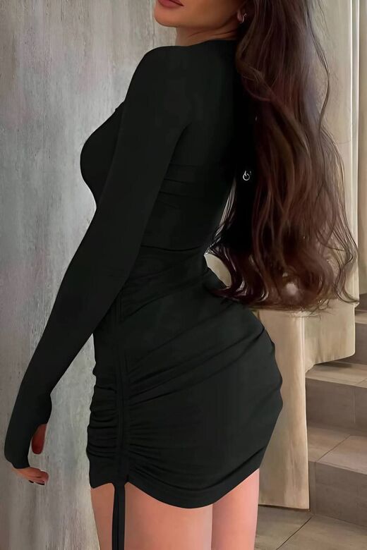 Uzun Kollu Büzgü Detaylı Bodycon Mini Elbise