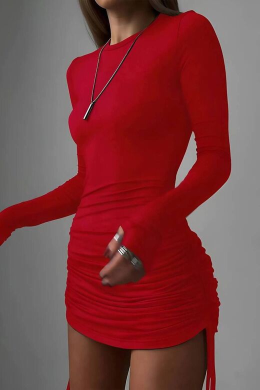 Uzun Kollu Büzgü Detaylı Bodycon Mini Elbise