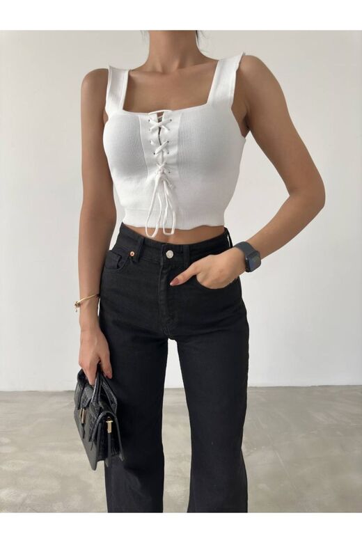 Kadın Sıfır Kol Kare Yaka Önden Bağlamalı Crop