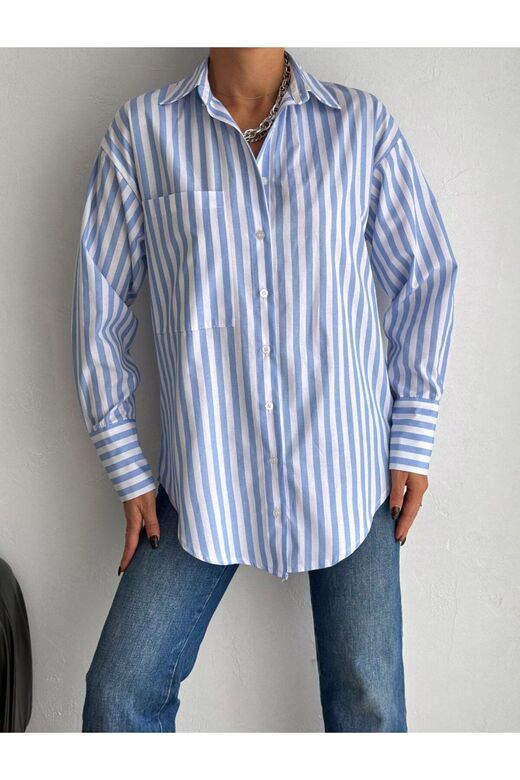 Balon Kol Çizgili Oversize Poplin Kumaş Gömlek