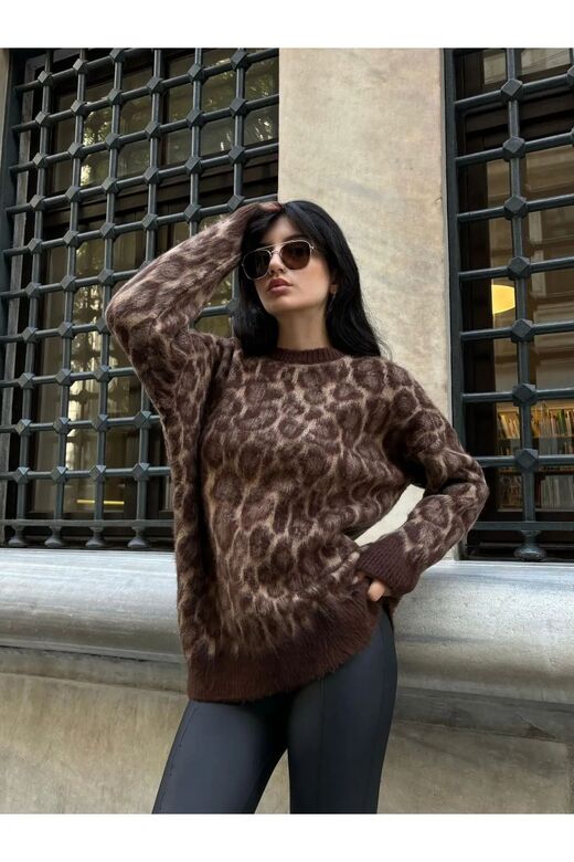 Sportines Kadın Bisiklet Yaka  Oversize Leopar Desenli Triko Kazak