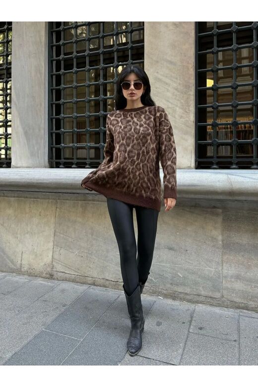 Sportines Kadın Bisiklet Yaka  Oversize Leopar Desenli Triko Kazak
