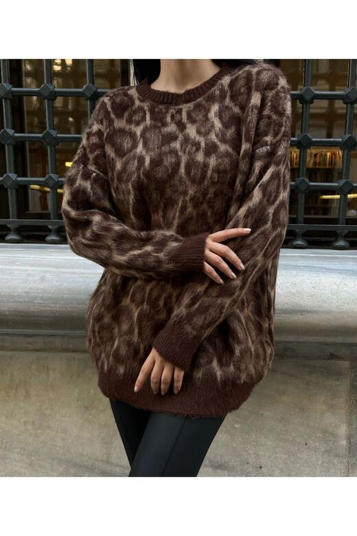 Sportines Kadın Bisiklet Yaka  Oversize Leopar Desenli Triko Kazak