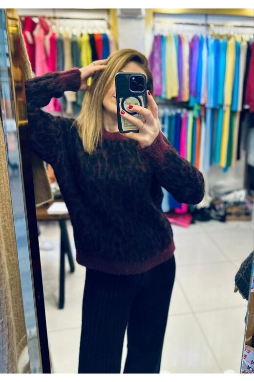 Kadın Leopar Desenli Yün Karışımlı Triko Kazak