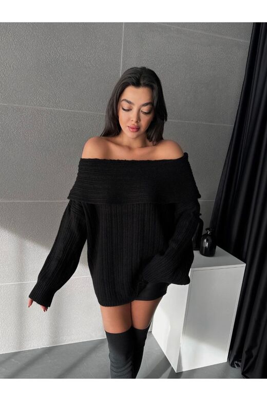 Kadin Omuzları Açık Oversize Şık Triko Kazak