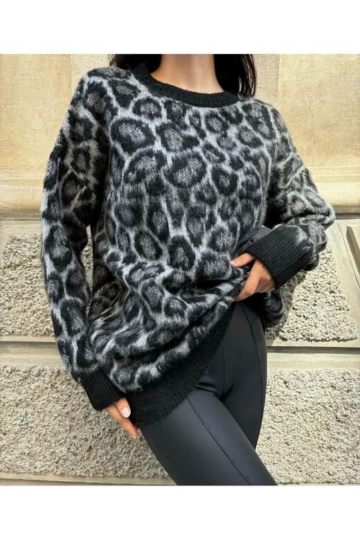 Sportines Kadın Bisiklet Yaka  Oversize Leopar Desenli Triko Kazak